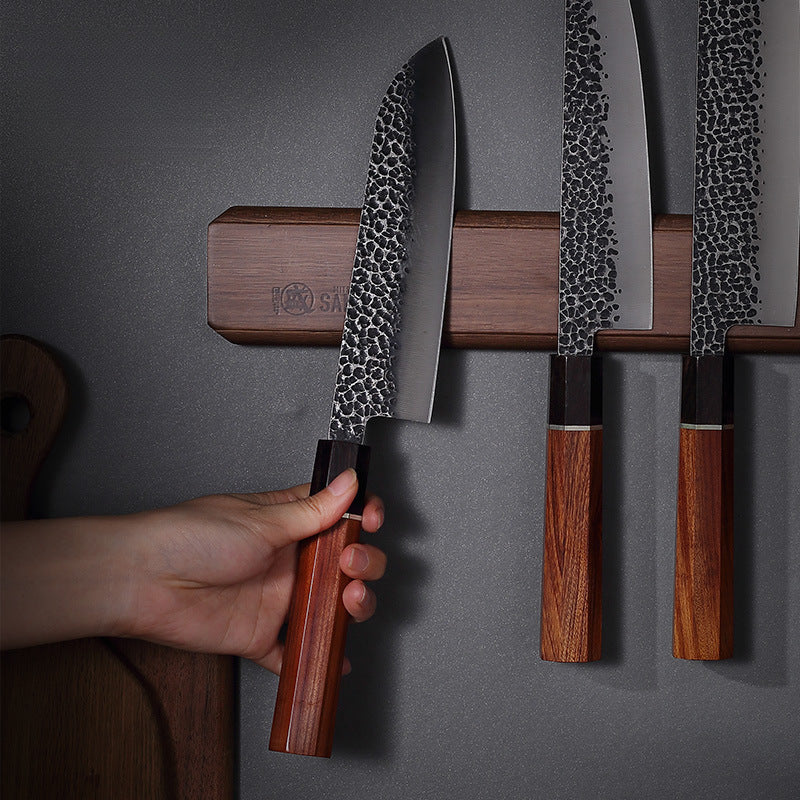 Solid wood magnetic knife holder with knives