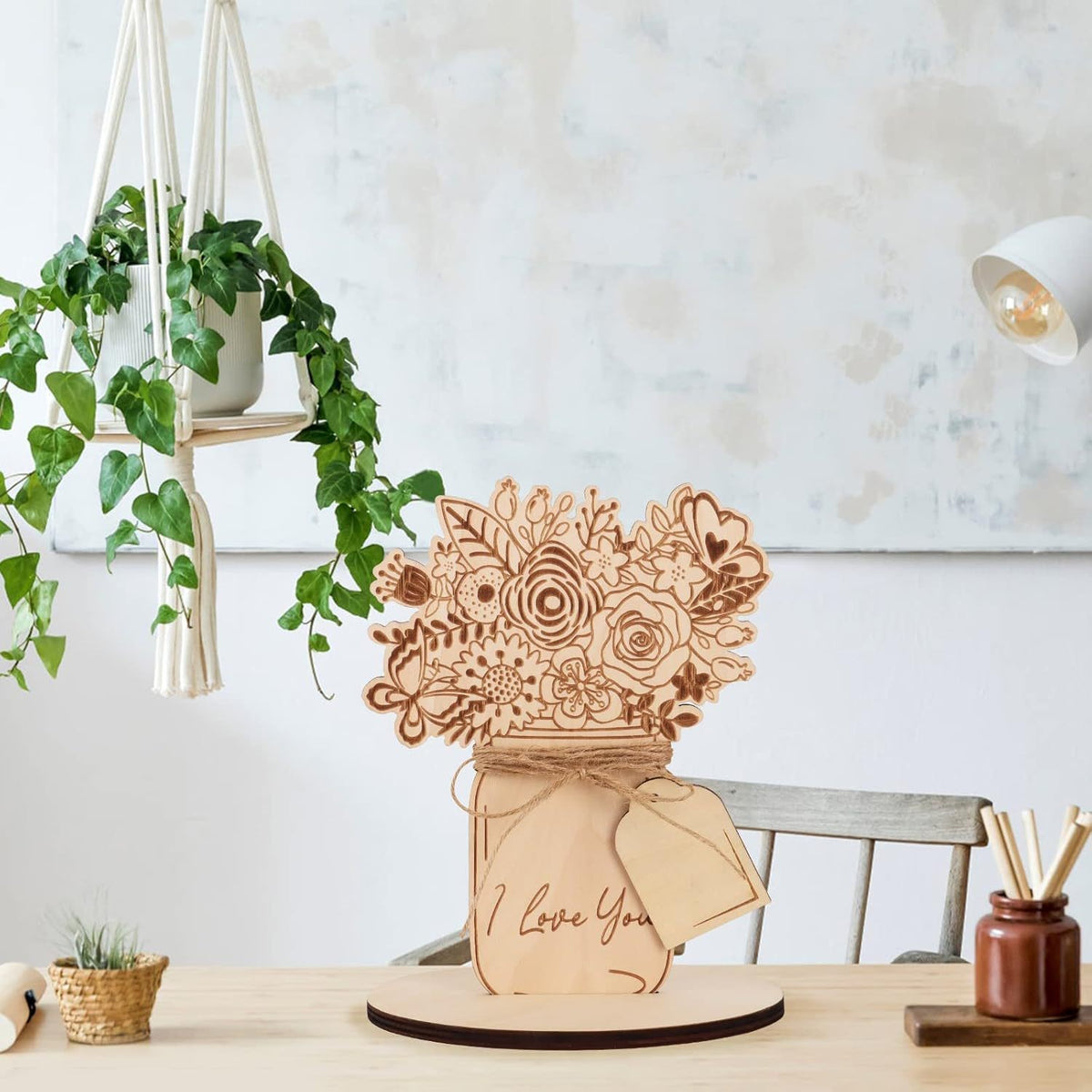 Handmade wooden vase ornament with dried flowers
