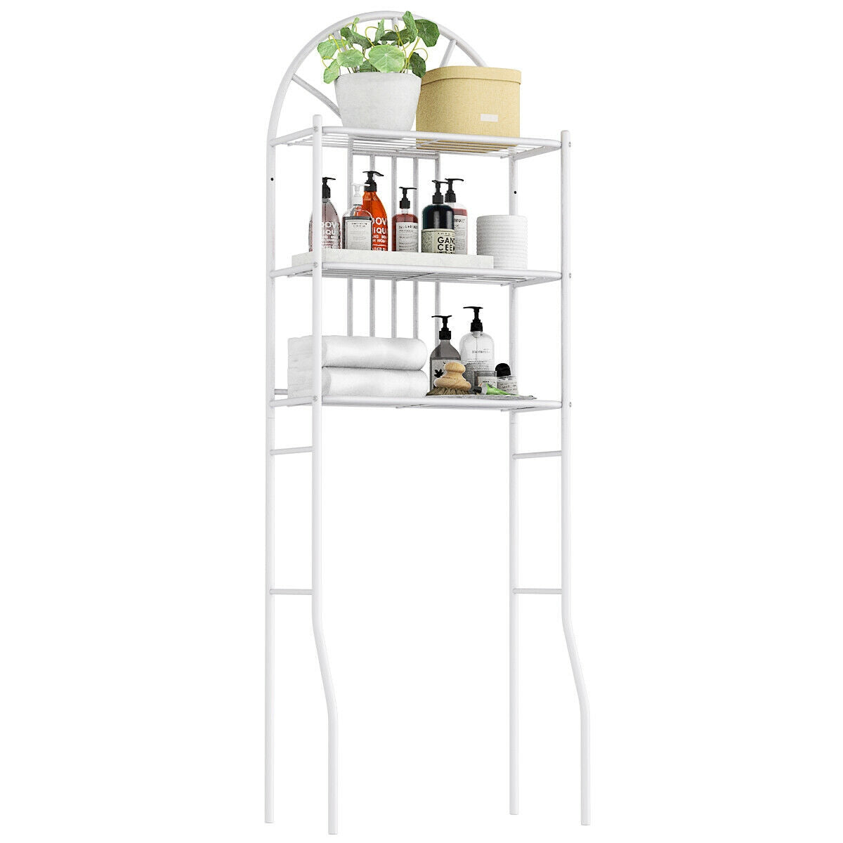 3-tier bathroom shelf styled with plants and towels