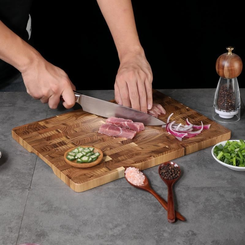 Solid wood cutting board in use