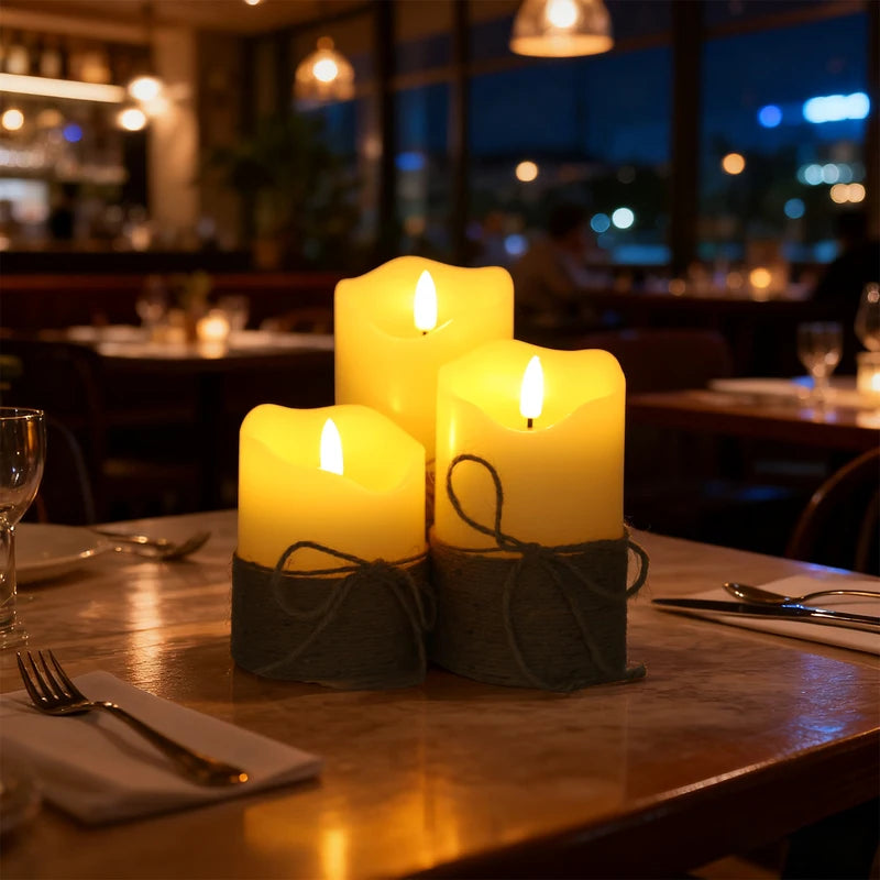 Set of three real-wax LED candles with remote