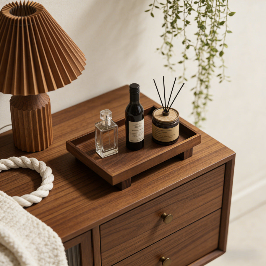 Walnut storage tray styled on a nightstand