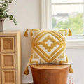 Geometric tufted cushion on a wooden stool