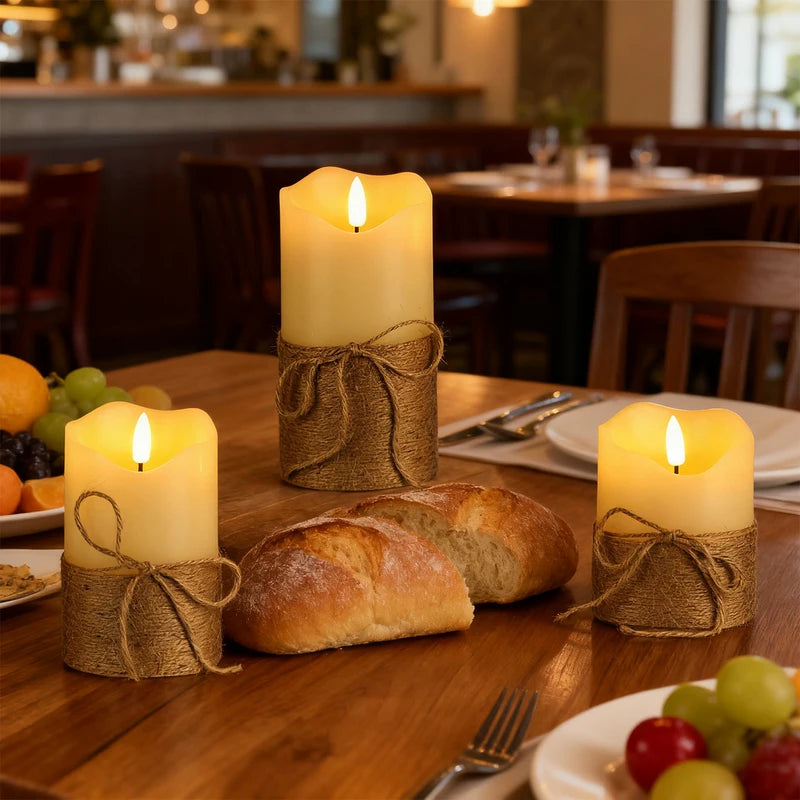 LED wax candles on a rustic dinner table